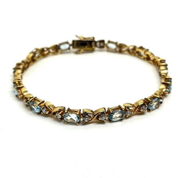 VINTAGE DBJ 925 VERMEIL BLUE TOPAZ CZ TENNIS BRACELET GOLD STERLING SILVER 7” - Picture 1 of 14